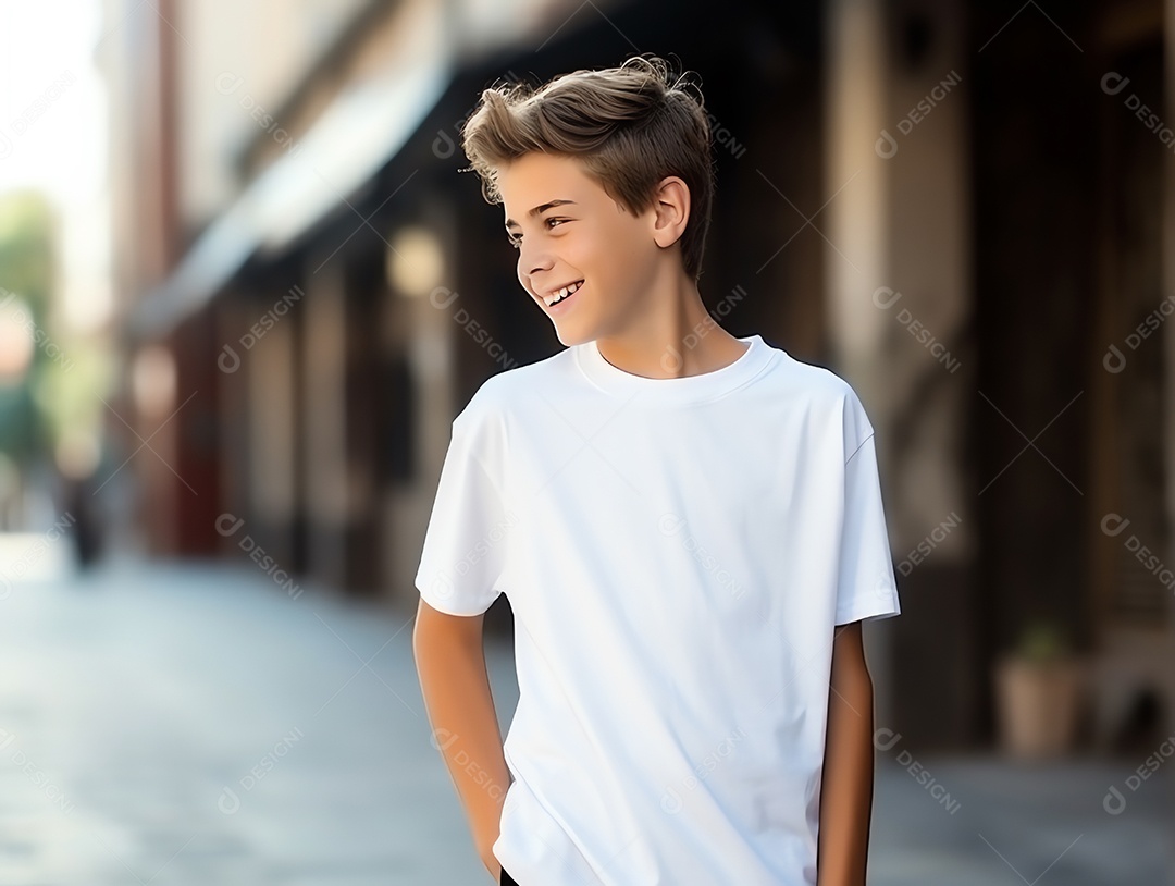 Garoto adolescente fofo usando maquete de camiseta branca vazia em branco para modelo de design