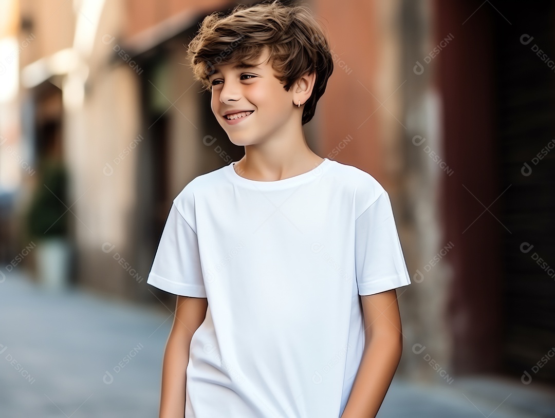Garoto adolescente fofo usando maquete de camiseta branca vazia em branco para modelo de design