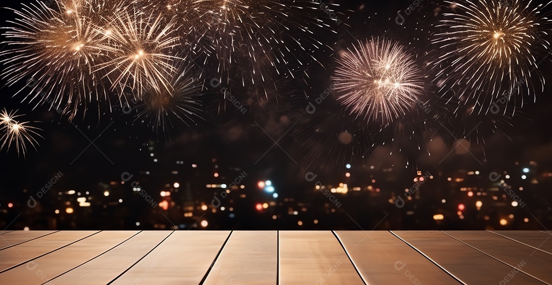 Tampo de mesa de madeira vazio com fogos de artifício brilhantes para festa e comemorar fundo, feliz conceito de ano novo