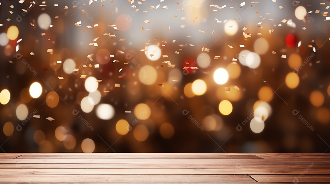 Tampo de mesa de madeira vazio com fogos de artifício brilhantes para festa e comemorar fundo, feliz conceito de ano novo