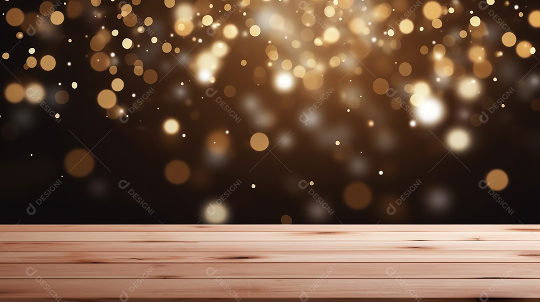 Tampo de mesa de madeira vazio com fogos de artifício brilhantes para festa e comemorar fundo, feliz conceito de ano novo