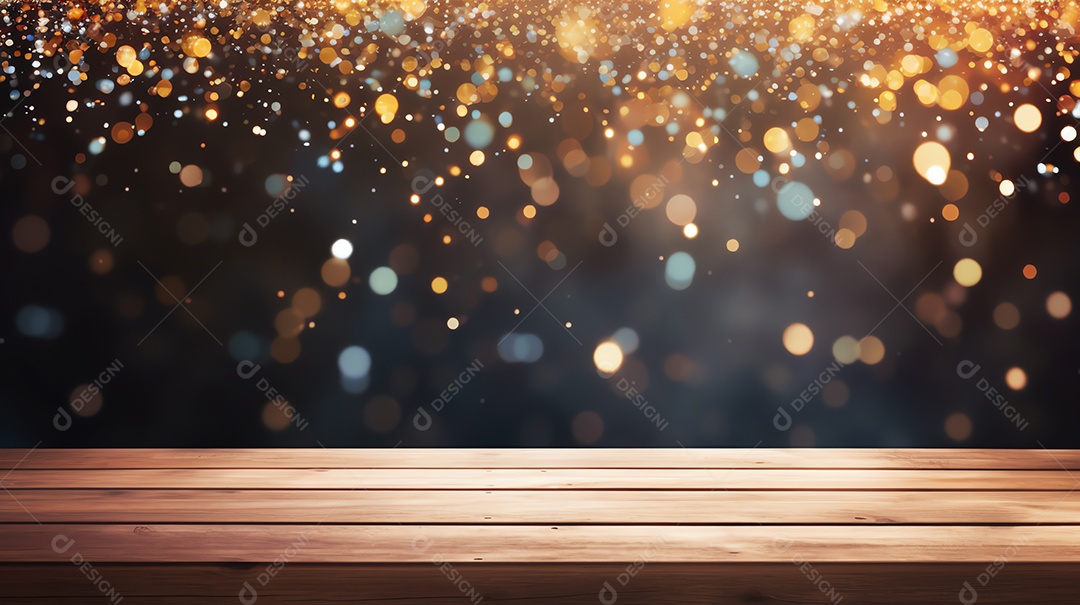 Tampo de mesa de madeira vazio com fogos de artifício brilhantes para festa e comemorar fundo, feliz conceito de ano novo