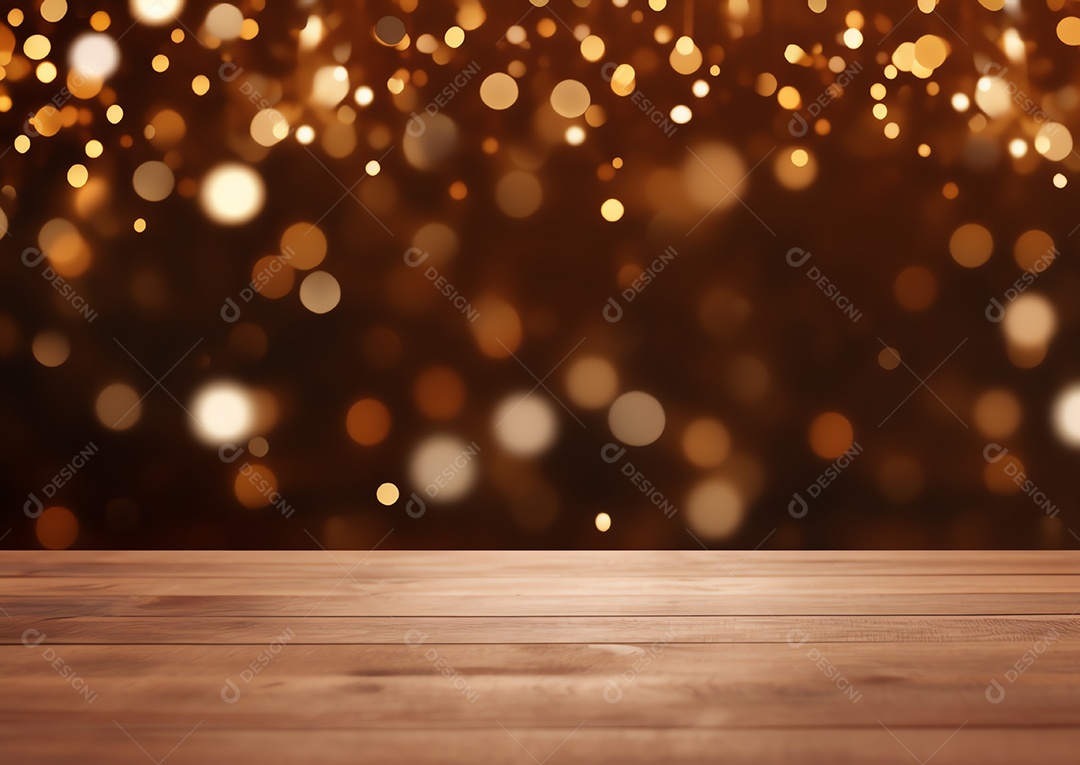 Tampo de mesa de madeira vazio com fogos de artifício brilhantes para festa e comemorar fundo, feliz conceito de ano novo