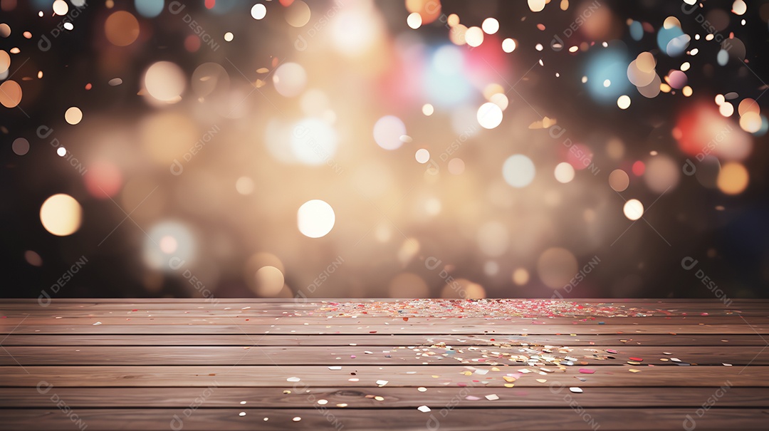 Tampo de mesa de madeira vazio com fogos de artifício brilhantes para festa e comemorar fundo, feliz conceito de ano novo