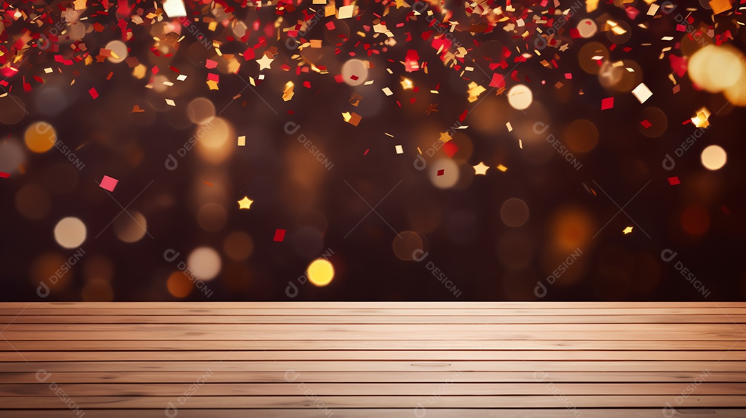 Tampo de mesa de madeira vazio com fogos de artifício brilhantes para festa e comemorar fundo, feliz conceito de ano novo