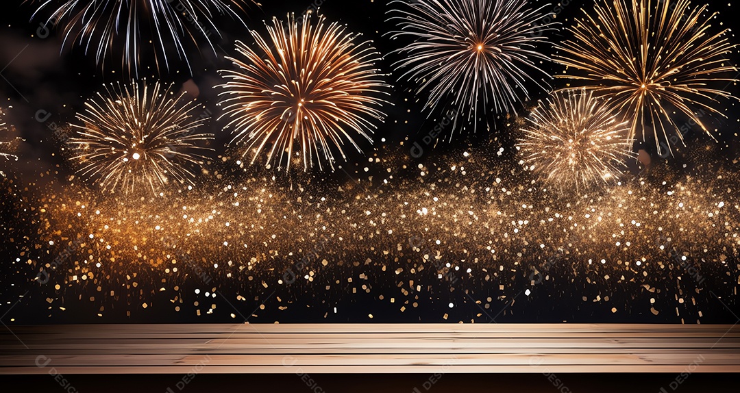 Tampo de mesa de madeira vazio com fogos de artifício brilhantes para festa e comemorar fundo, feliz conceito de ano novo