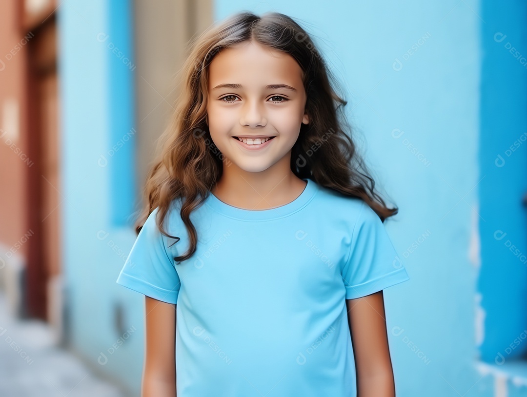 Menina bonitinha usando maquete de camiseta azul vazia em branco para modelo de design