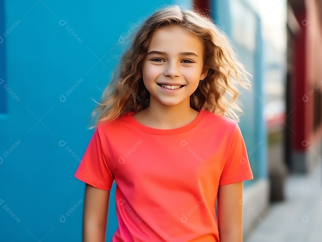 Menina bonitinha usando maquete de camiseta vermelha vazia em branco para modelo de design