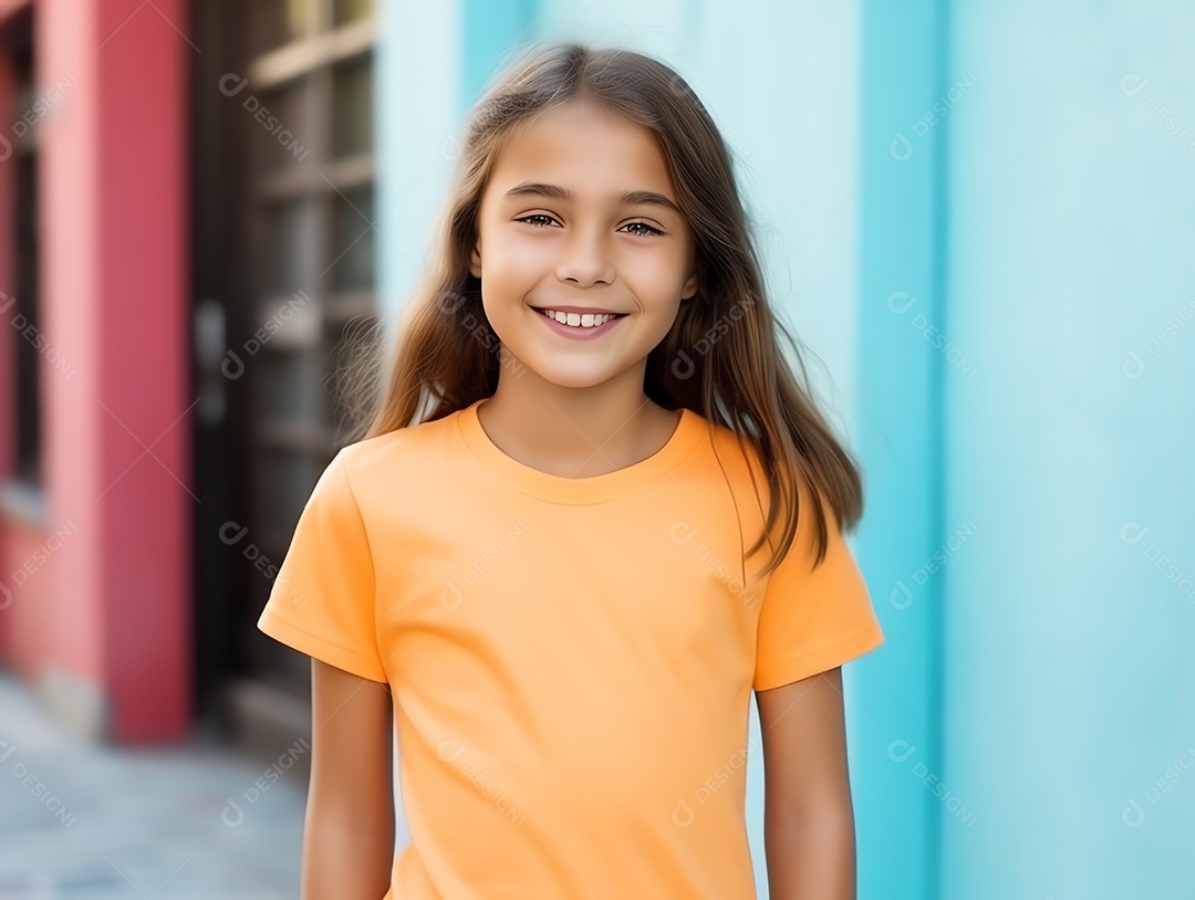 Menina bonitinha usando maquete de camiseta amarela vazia em branco para modelo de design