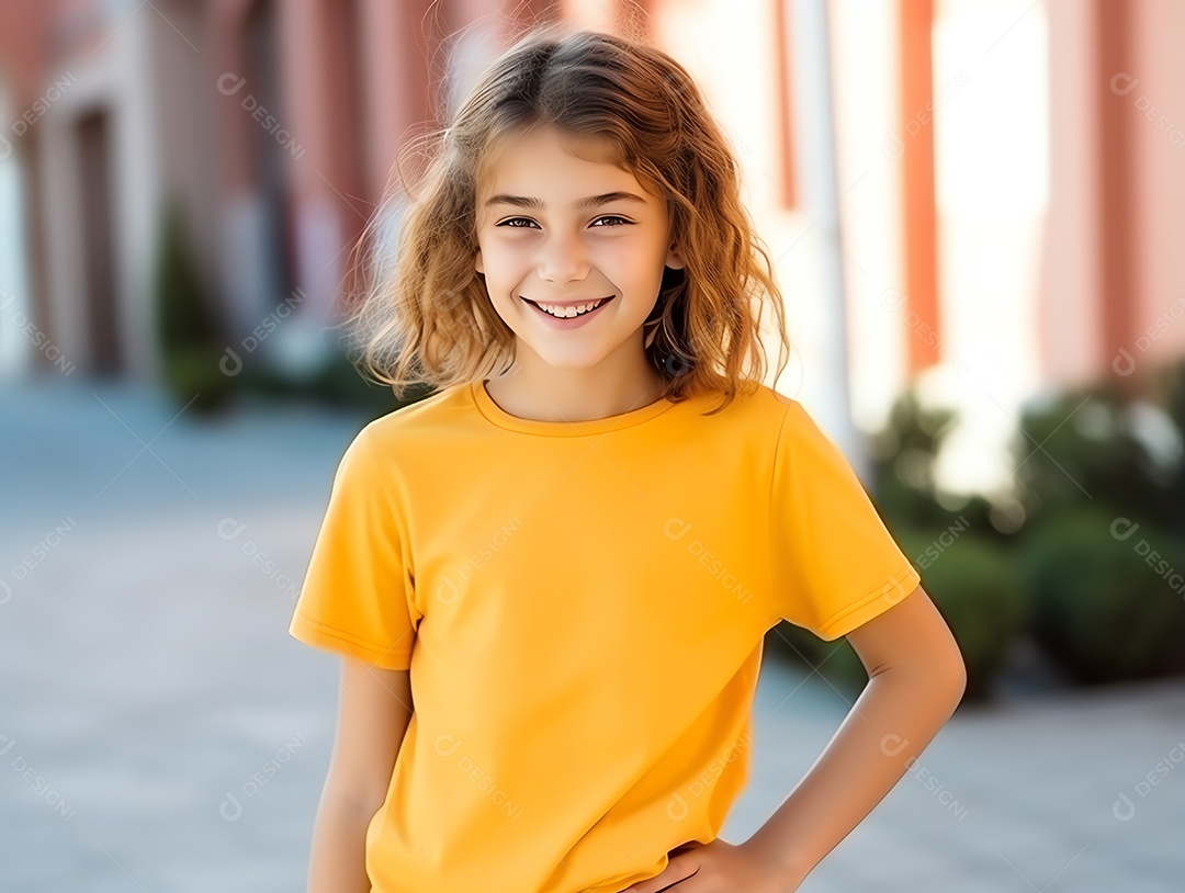 Menina bonitinha usando maquete de camiseta amarela vazia em branco para modelo de design