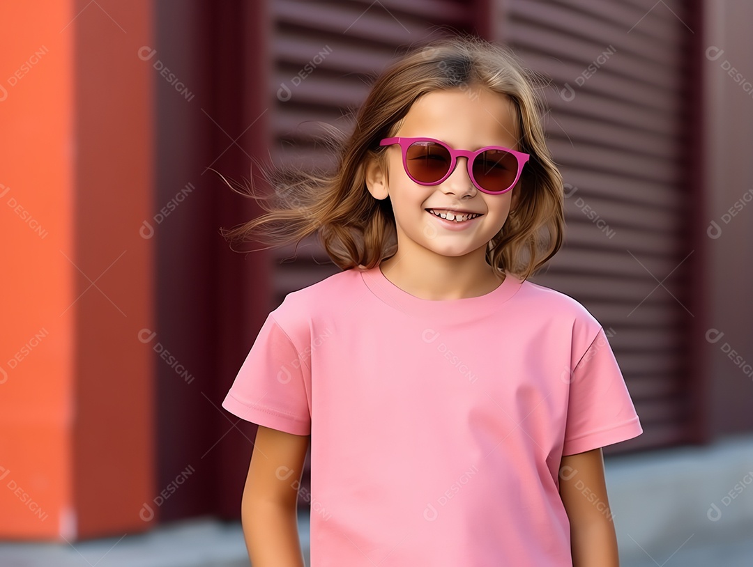 Menina bonitinha usando maquete de camiseta rosa vazia em branco para modelo de design
