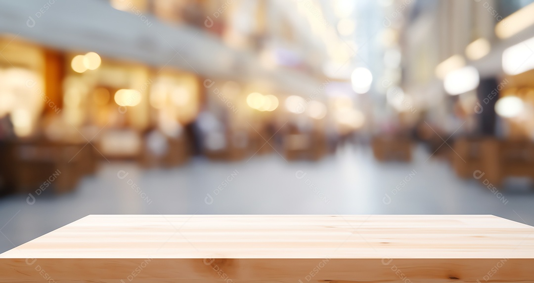 Tampo de mesa de madeira vazio no resumo desfocado do fundo externo do shopping de rua, para exibição de produto de montagem
