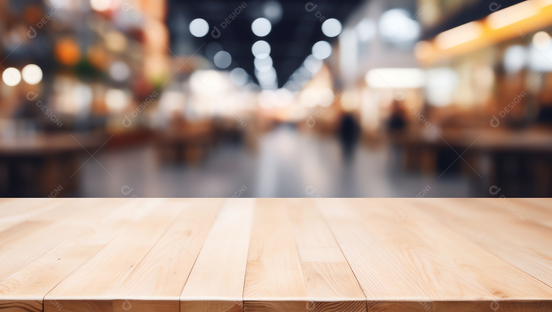 Tampo de mesa de madeira vazio no resumo desfocado do fundo externo do shopping de rua, para exibição de produto de montagem