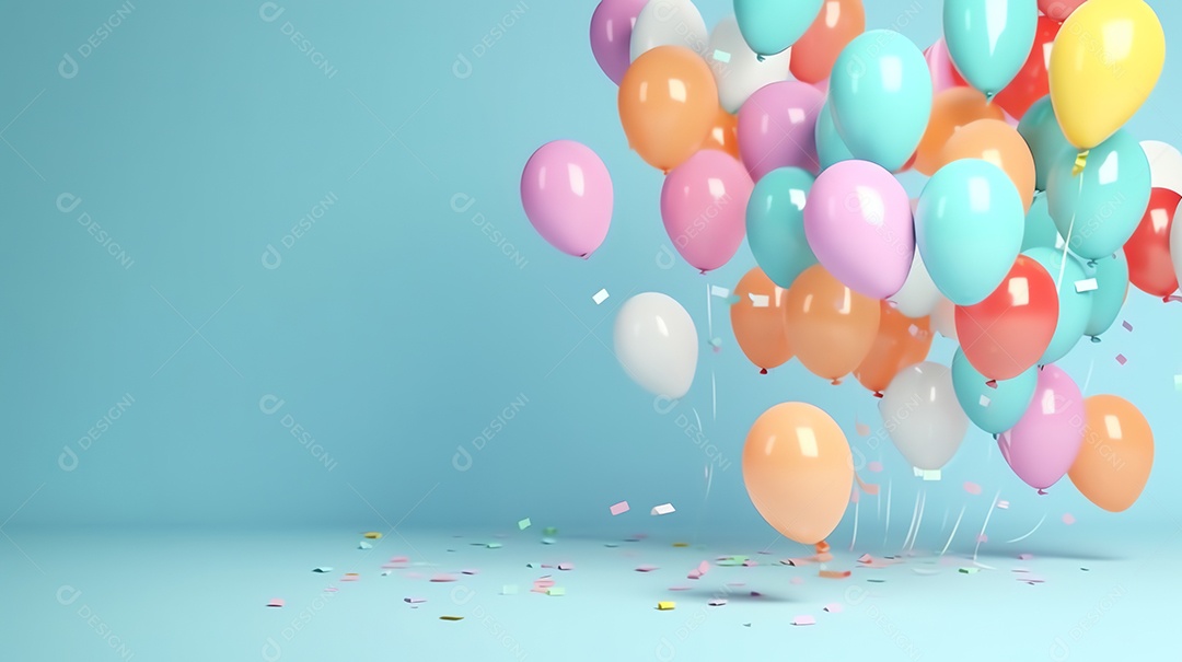 Balões coloridos brilhantes com confetes para celebração de festa em fundo pastel com espaço de cópia