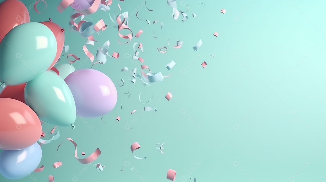 Balões coloridos brilhantes com confetes para celebração de festa em fundo pastel com espaço de cópia