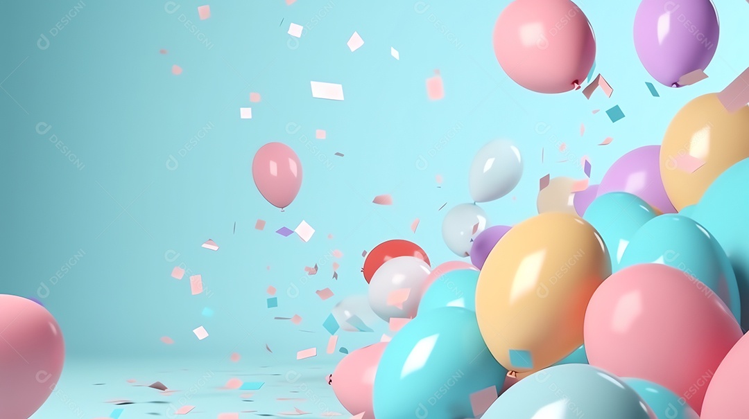 Balões coloridos brilhantes com confetes para celebração de festa em fundo pastel com espaço de cópia