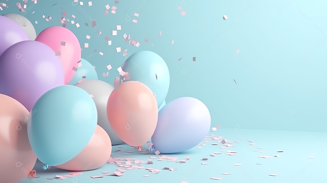 Balões coloridos brilhantes com confetes para celebração de festa em fundo pastel com espaço de cópia