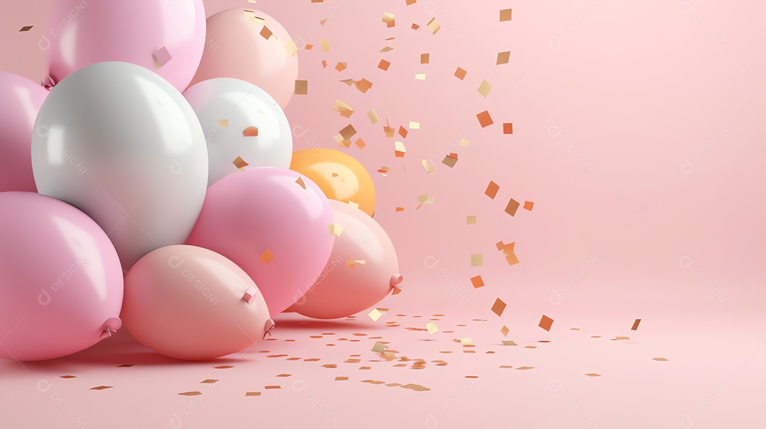 Balões coloridos brilhantes com confetes para celebração de festa em fundo pastel com espaço de cópia