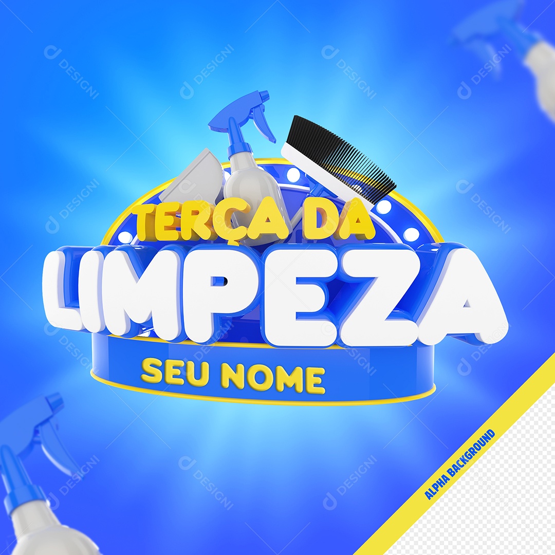 Terça da Limpeza Selo 3D Dourado e Azul para Composição PSD