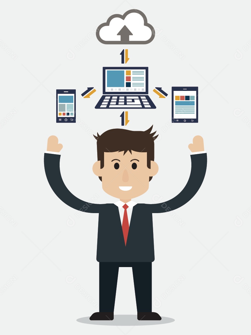Empresário Mostrando a Utilização da Nuvem em Vários Dispositivos Vetor EPS