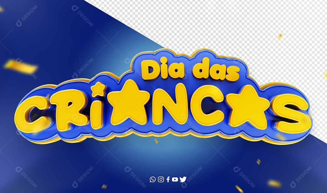 Dia das Crianças Selo 3D Azul Dourado para Composição PSD