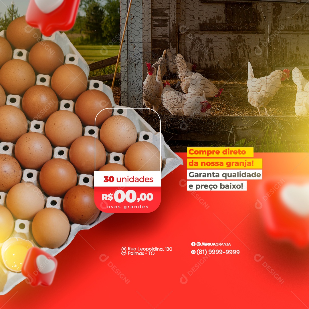 Ovos de Granja Compre Direto da Nossa Granja 30 Unidas Social Media PSD Editável