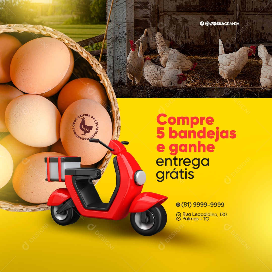 Ovos de Granja Compre 5 Bandejas e Ganhe Entrega Grátis Social Media PSD Editável