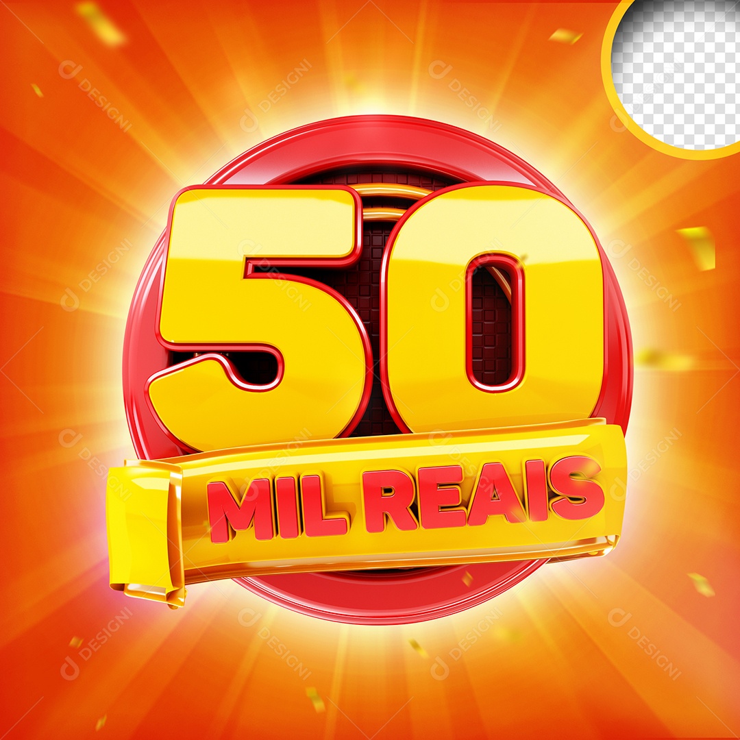 Selo 3D 50 Mil Reais Dourado Vermelho para Composição PSD