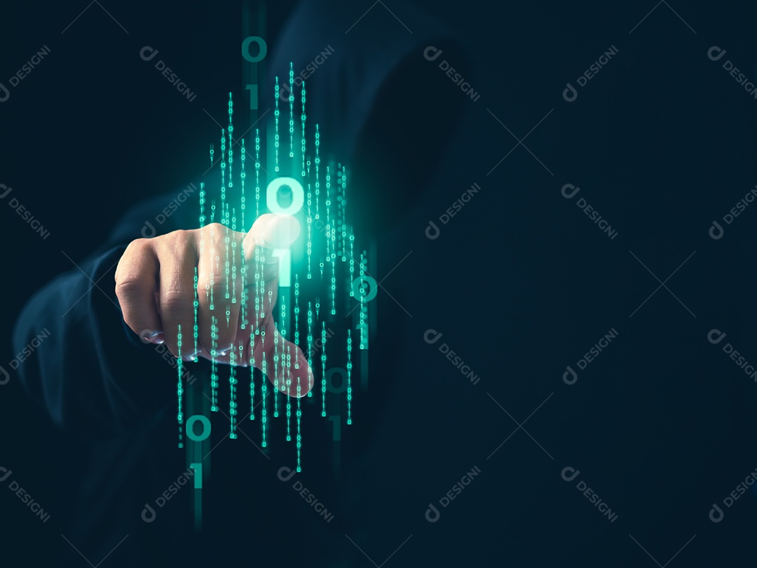Hacker está apontando o dedo para um grupo de zeros em um fundo escuro.