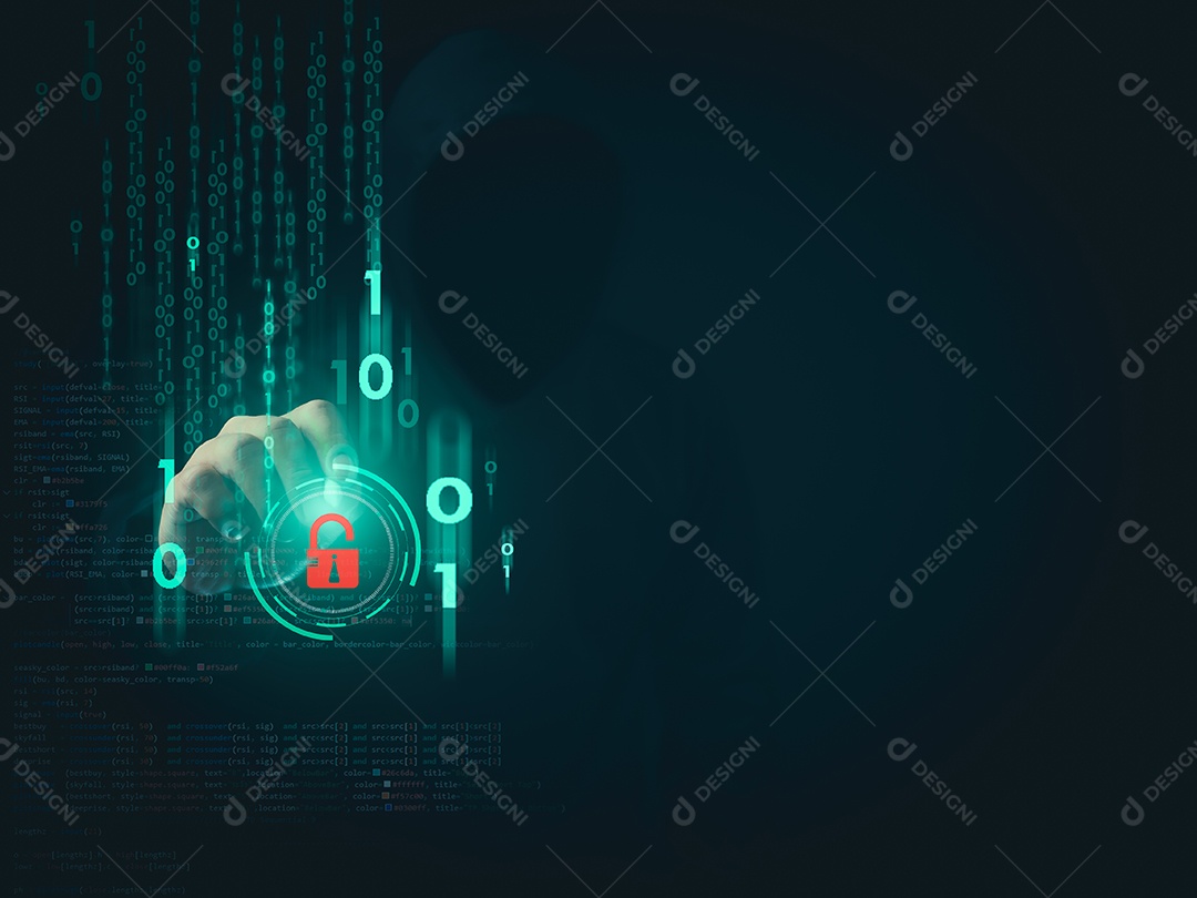 O hacker está apontando uma caneta para um grupo de zeros em um fundo escuro.