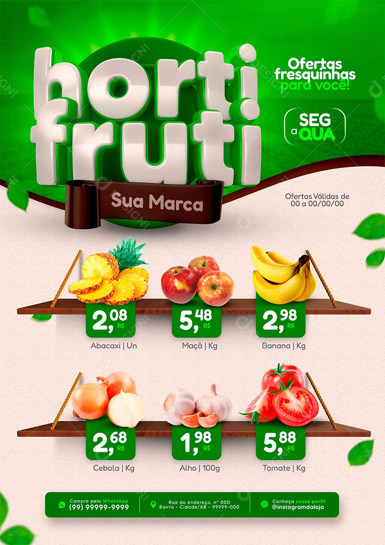 Encarte Hortifruti Ofertas Fresquinhas para Você Abacaxi Maçã Banana Tomate Social Media PSD Editávelk