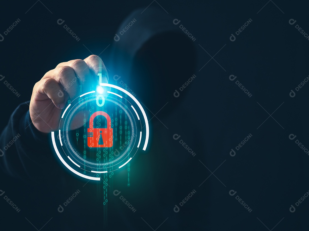 Hacker está apontando o dedo para um código binário em um fundo escuro. Conceito de segurança da informação em redes de internet e espionagem.