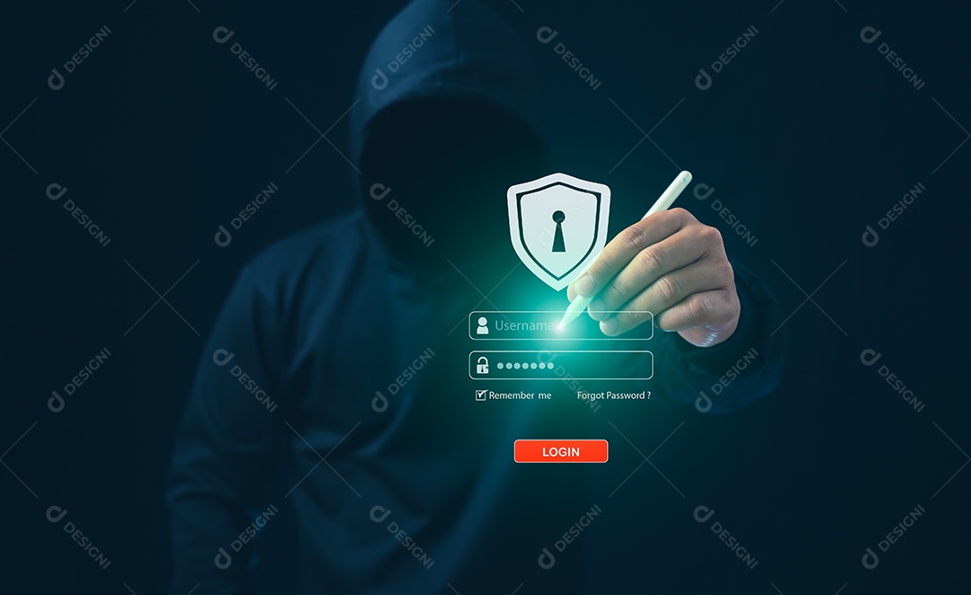 Hacker apontando caneta na tela de login em um fundo escuro. Conceito de segurança da informação em redes de internet e espionagem.