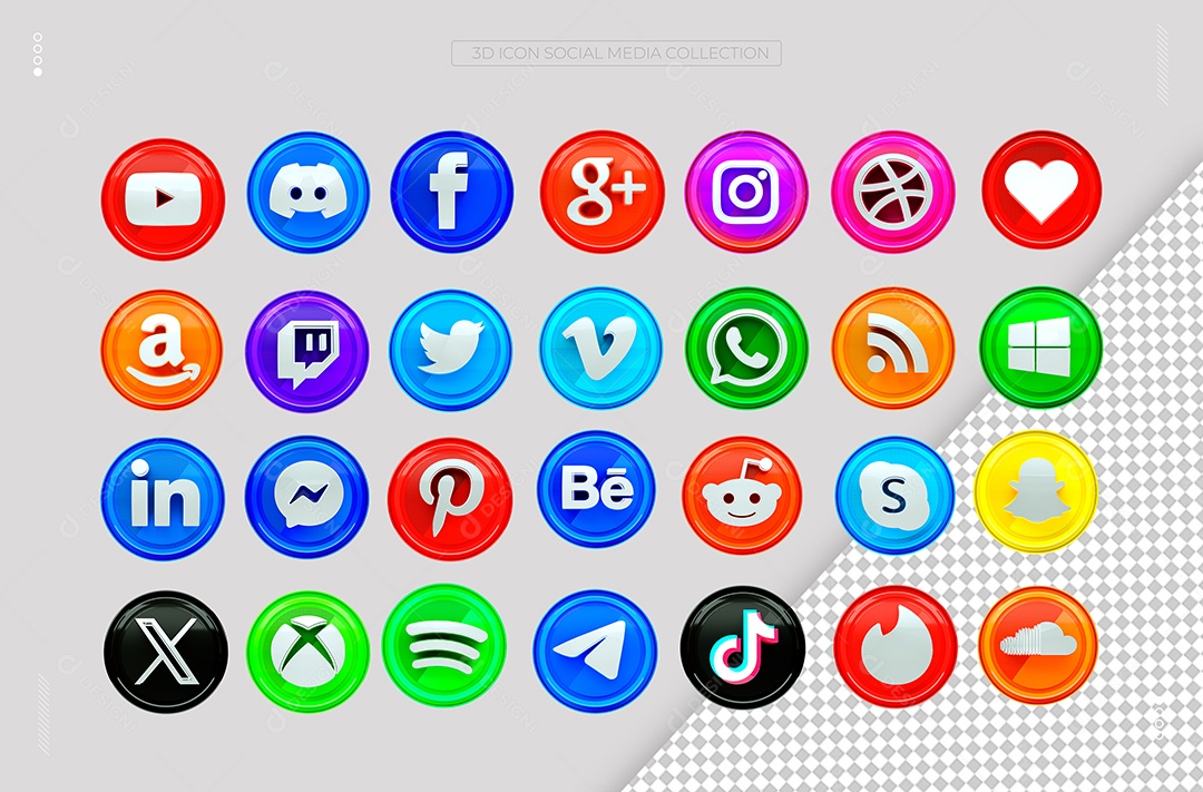 Ícones De Redes Sociais Youtube Facebook Twitter WhatsApp e Outros Elementos 3D para Composição PSD