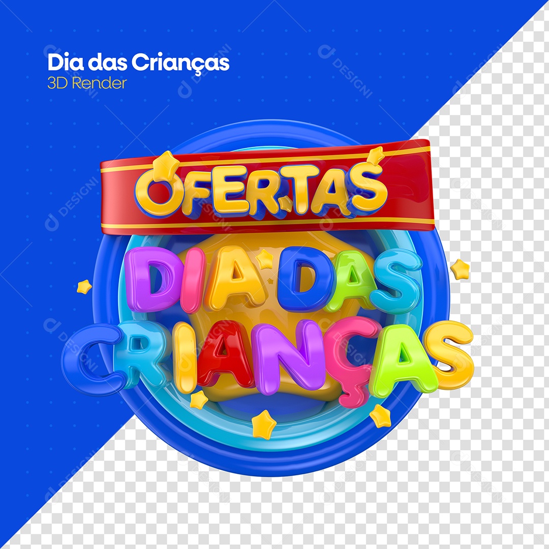 Ofertas Dia das Crianças Selo 3D Dourado Roxo Azul para Composição PSD
