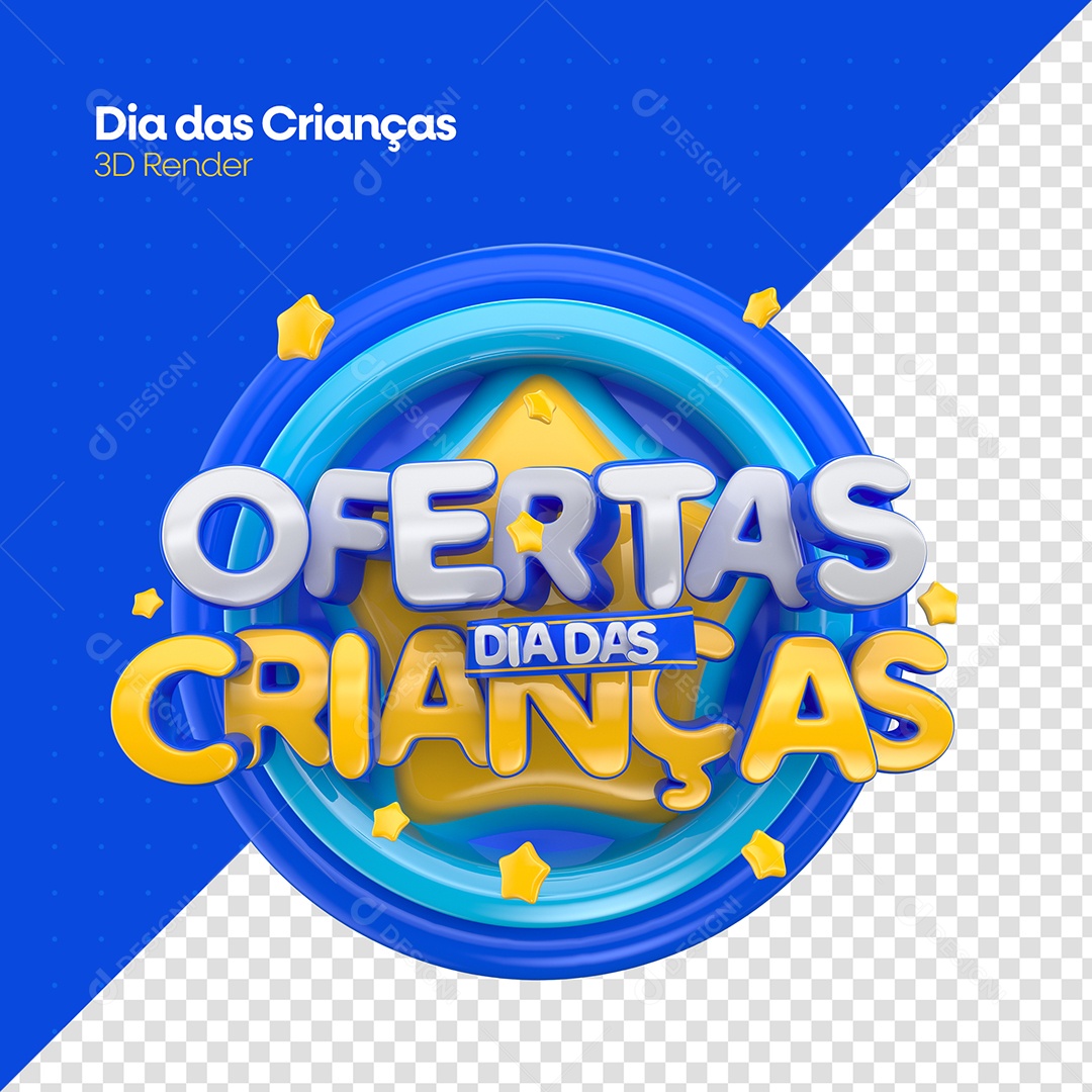 Ofertas Dia das Crianças Selo 3D Azul Dourado para Composição PSD