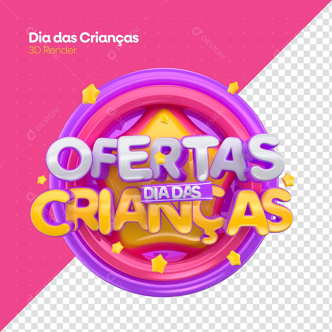 Ofertas Dia das Crianças Selo 3D Dourado Roxo para Composição PSD