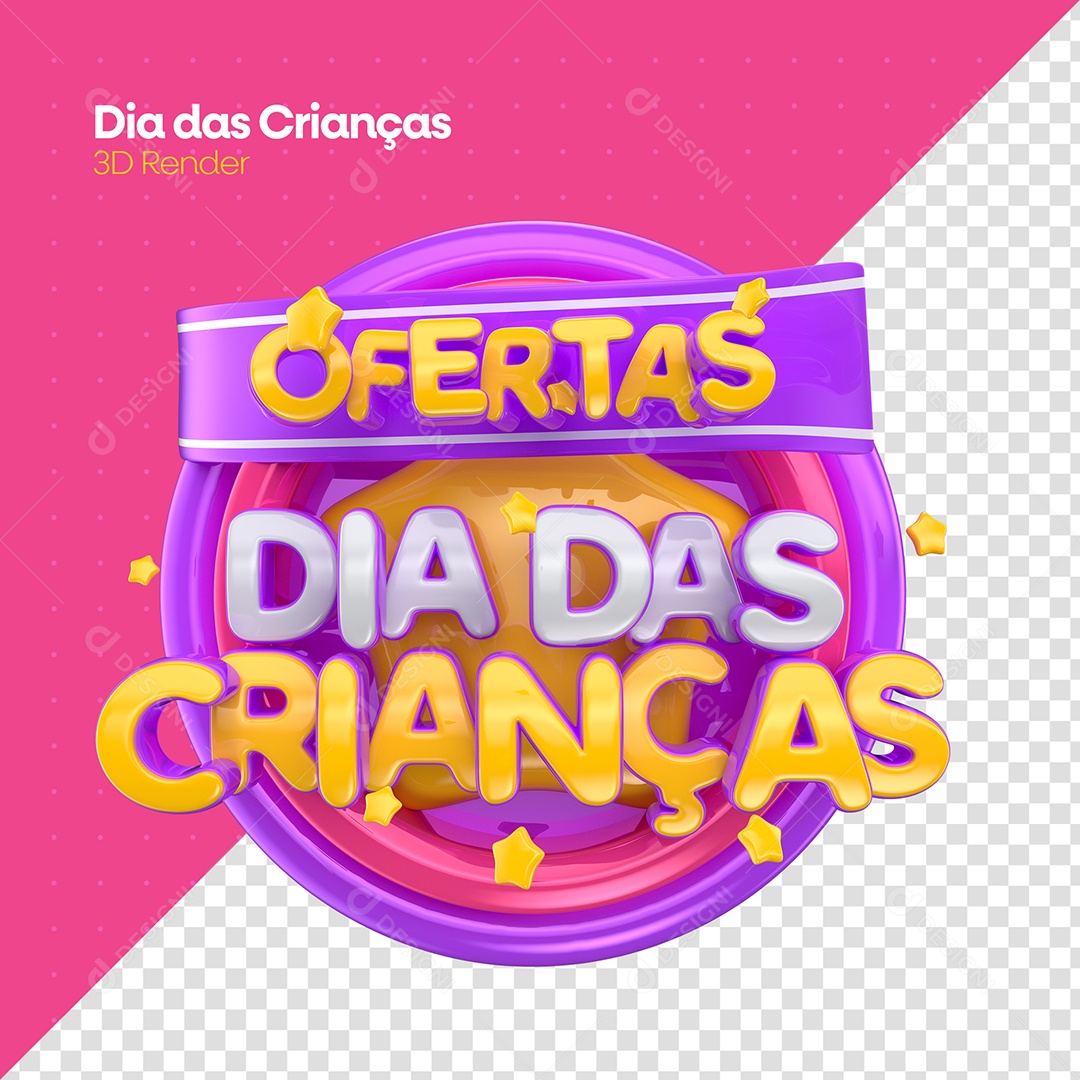 Ofertas Dia das Crianças Selo 3D Roxo Dourado para Composição PSD