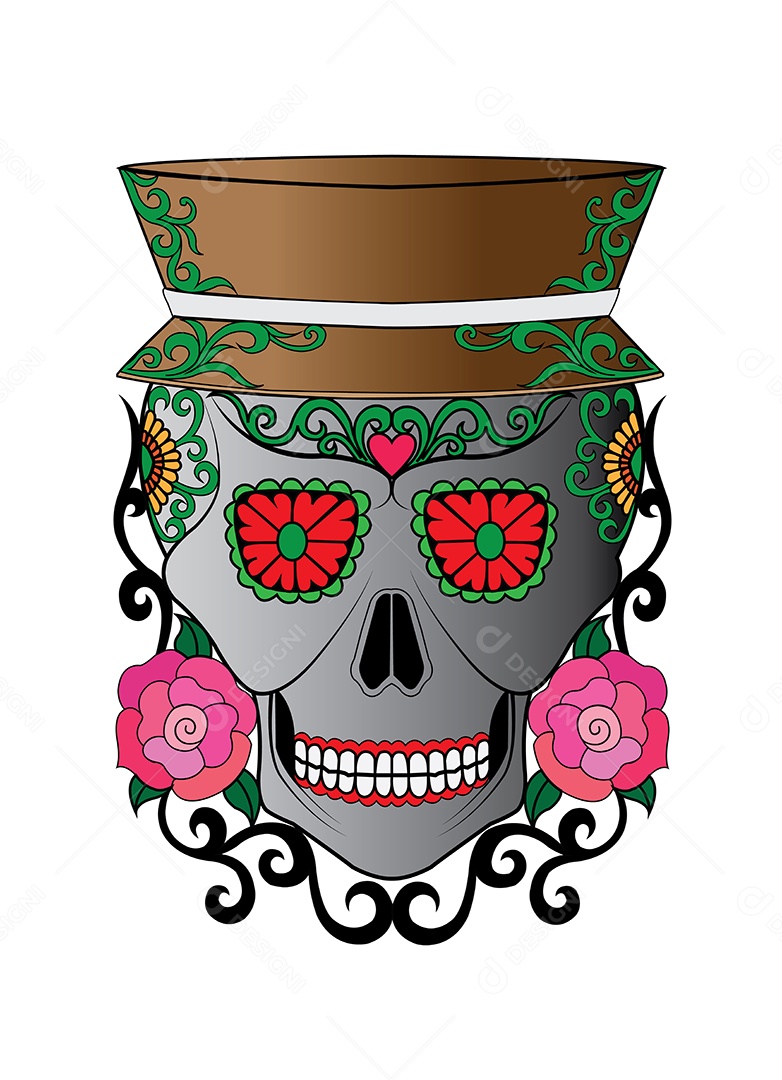 Estampa de Caveira Mexicana Ilustração Vetor EPS