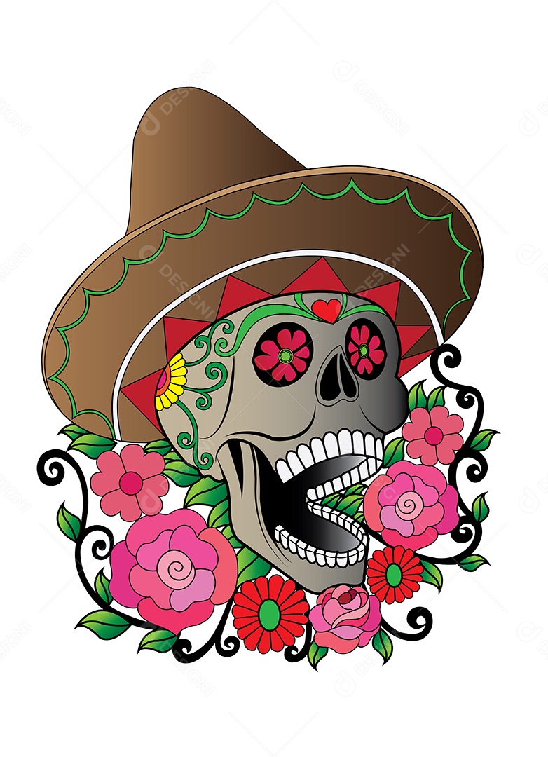 Estampa de Caveira De Chapéu Ilustração Vetor EPS