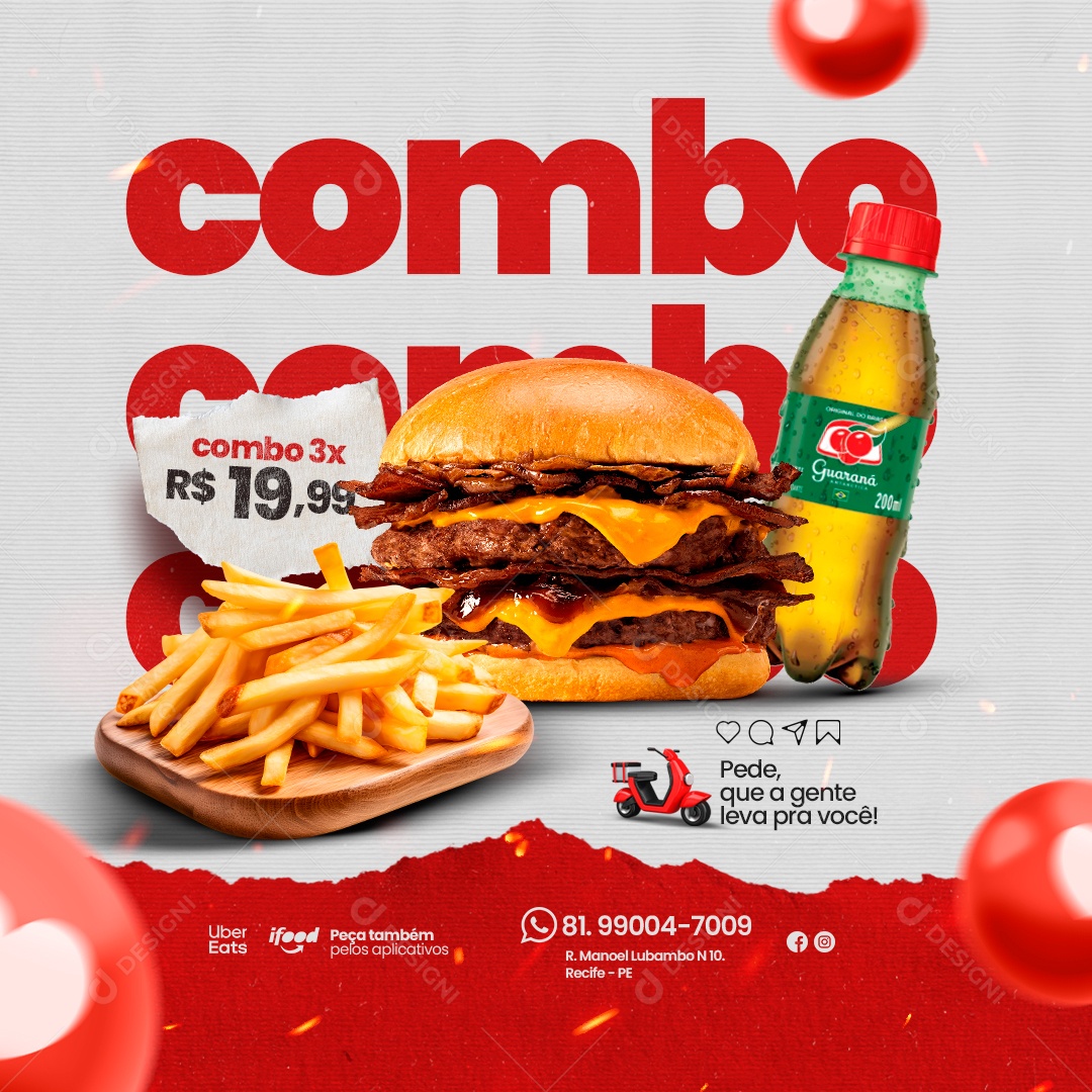 Hamburgueria Combo 3x Hambúrguer Refrigerante Guaraná Garrafinha Social Media PSD Editável