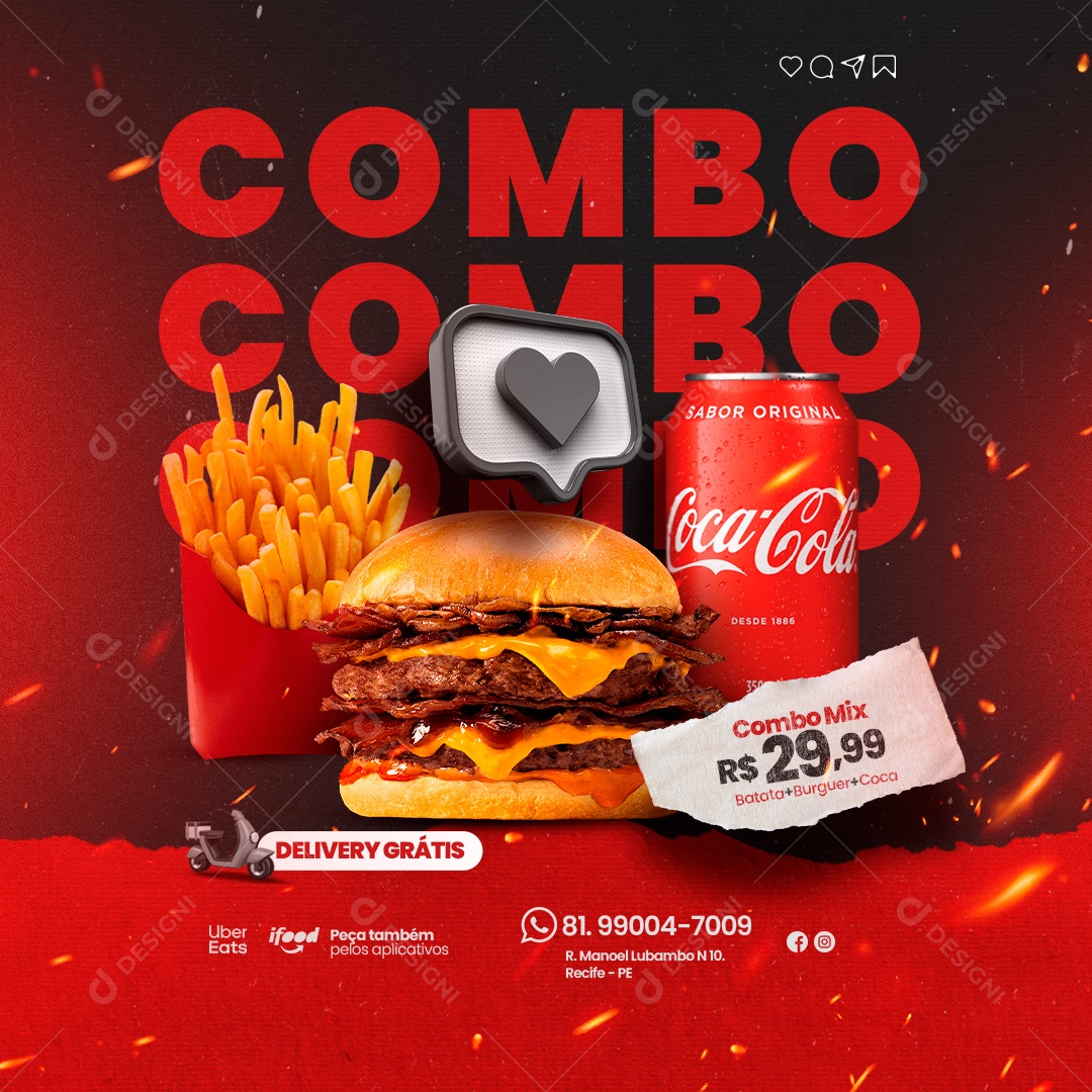 Hamburgueria Combo Mix Batata Frita Coca Cola e Hambúrguer Social Media PSD Editável