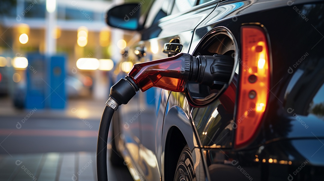 Carro EV ou carro elétrico na estação de carregamento com cabo de alimentação conectado