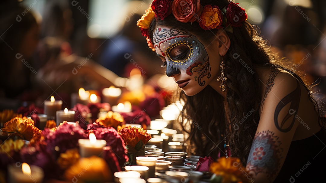 Uma linda mulher com uma coroa de flores no cabelo e um desenho no rosto. Conceito de feriado mexicano
