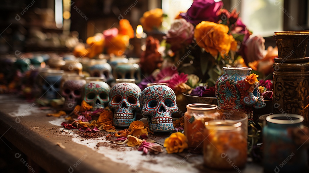 Crânios coloridos decorados, símbolos cerâmicos da morte. Dia dos mortos no México.