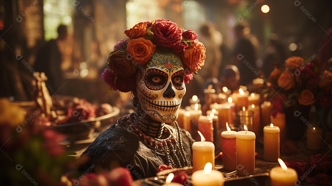 Crânios coloridos decorados, símbolos cerâmicos da morte. Dia dos mortos no México.