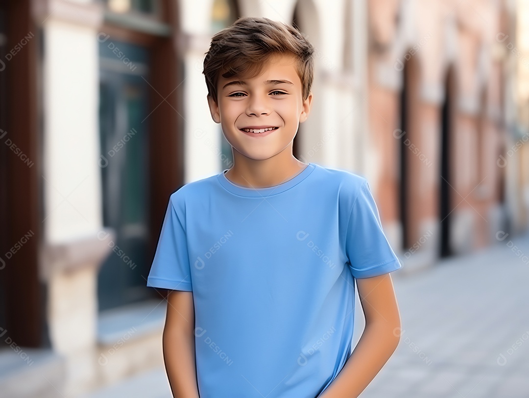 Garoto bonito vestindo maquete de camiseta azul vazia em branco para modelo de design