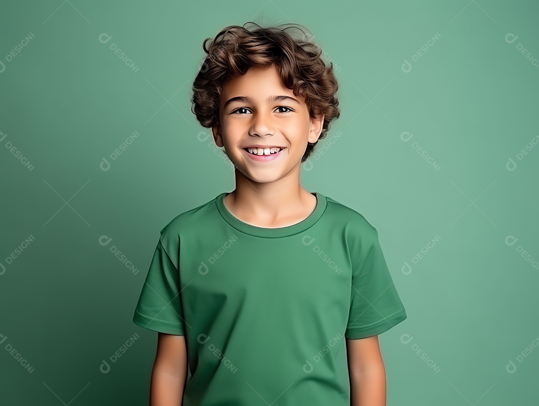 Garoto bonito vestindo maquete de camiseta azul vazia em branco para modelo de design