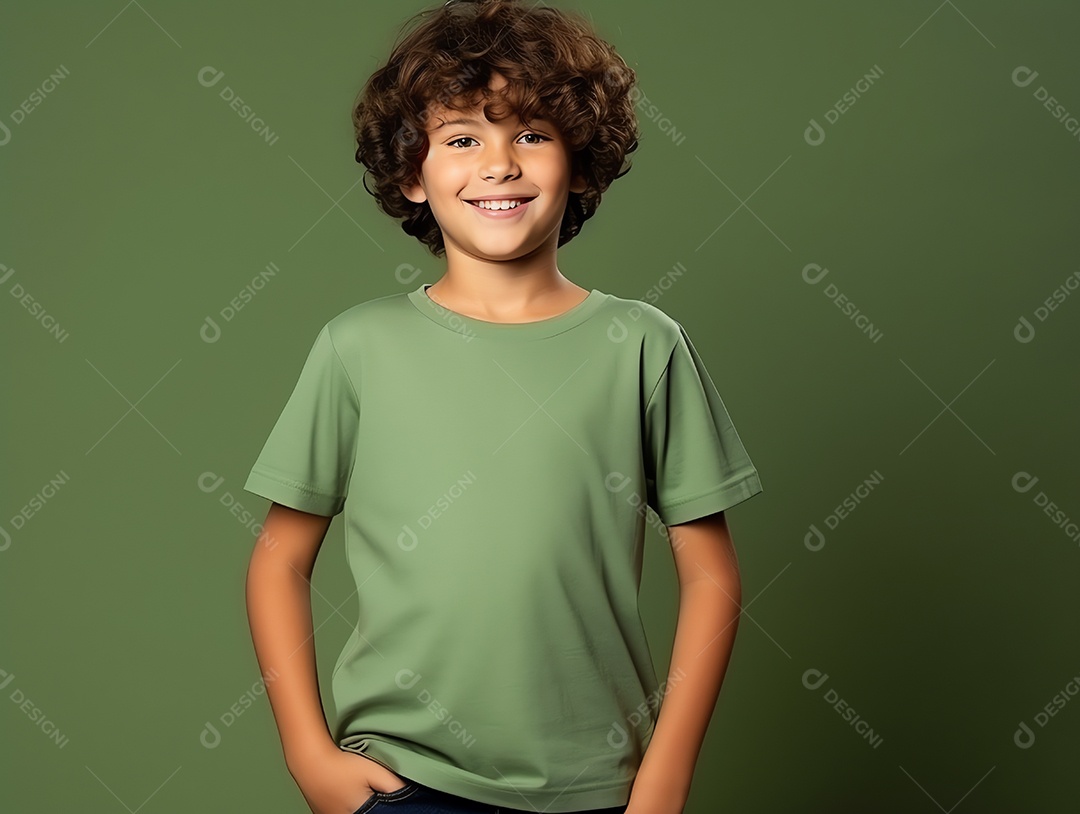 Garoto bonito vestindo maquete de camiseta azul vazia em branco para modelo de design