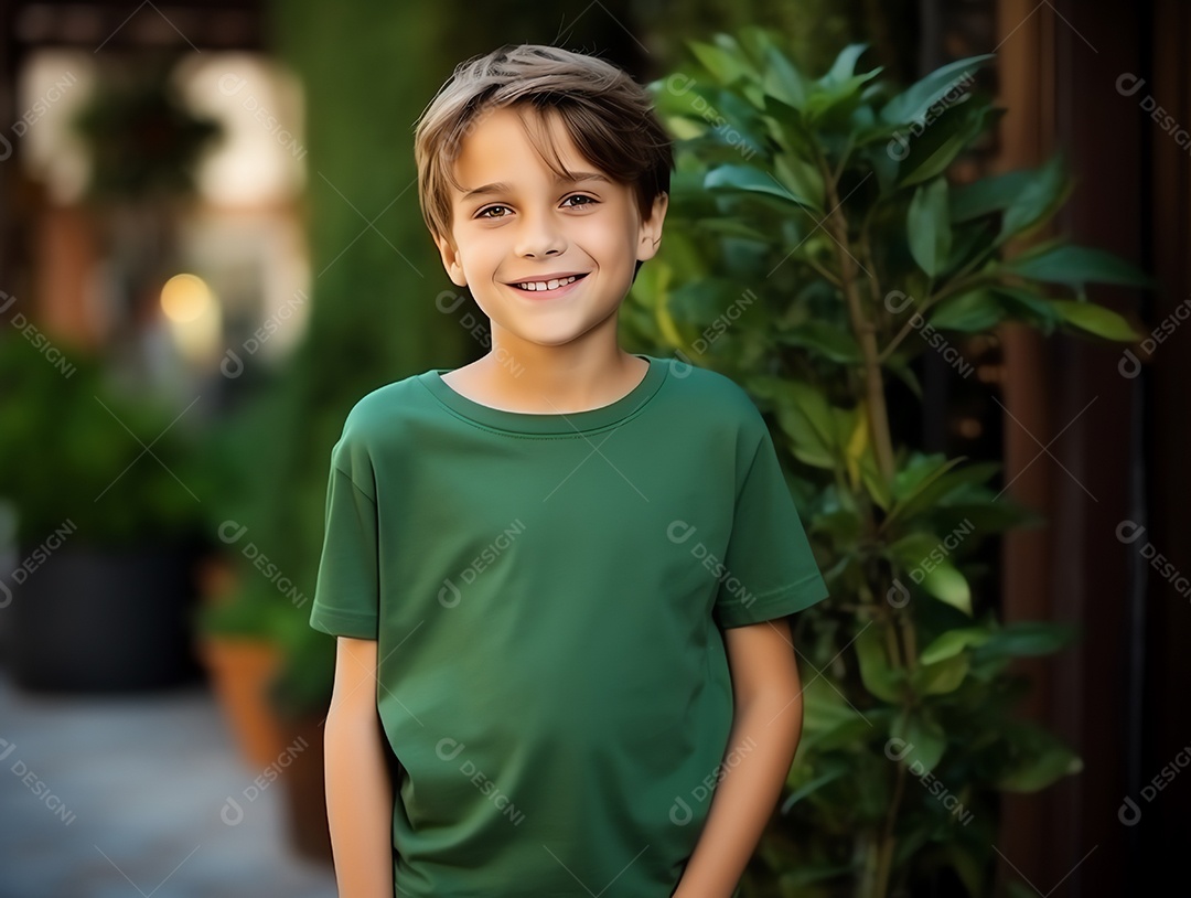 Garoto bonito vestindo maquete de camiseta azul vazia em branco para modelo de design